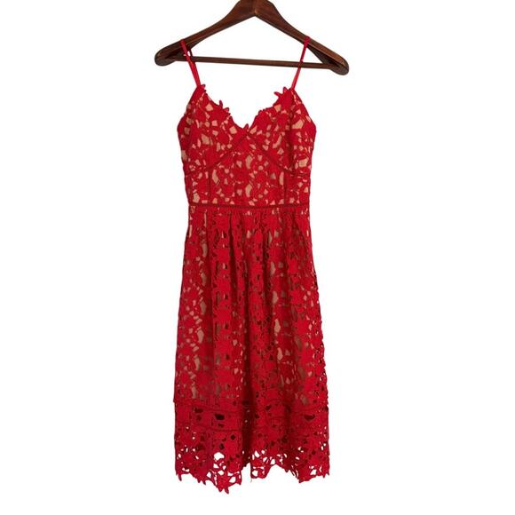Women's Size Small Red Lace Midi Dress Cotton Pockets Self-Portrait Style - Picture 1 of 5